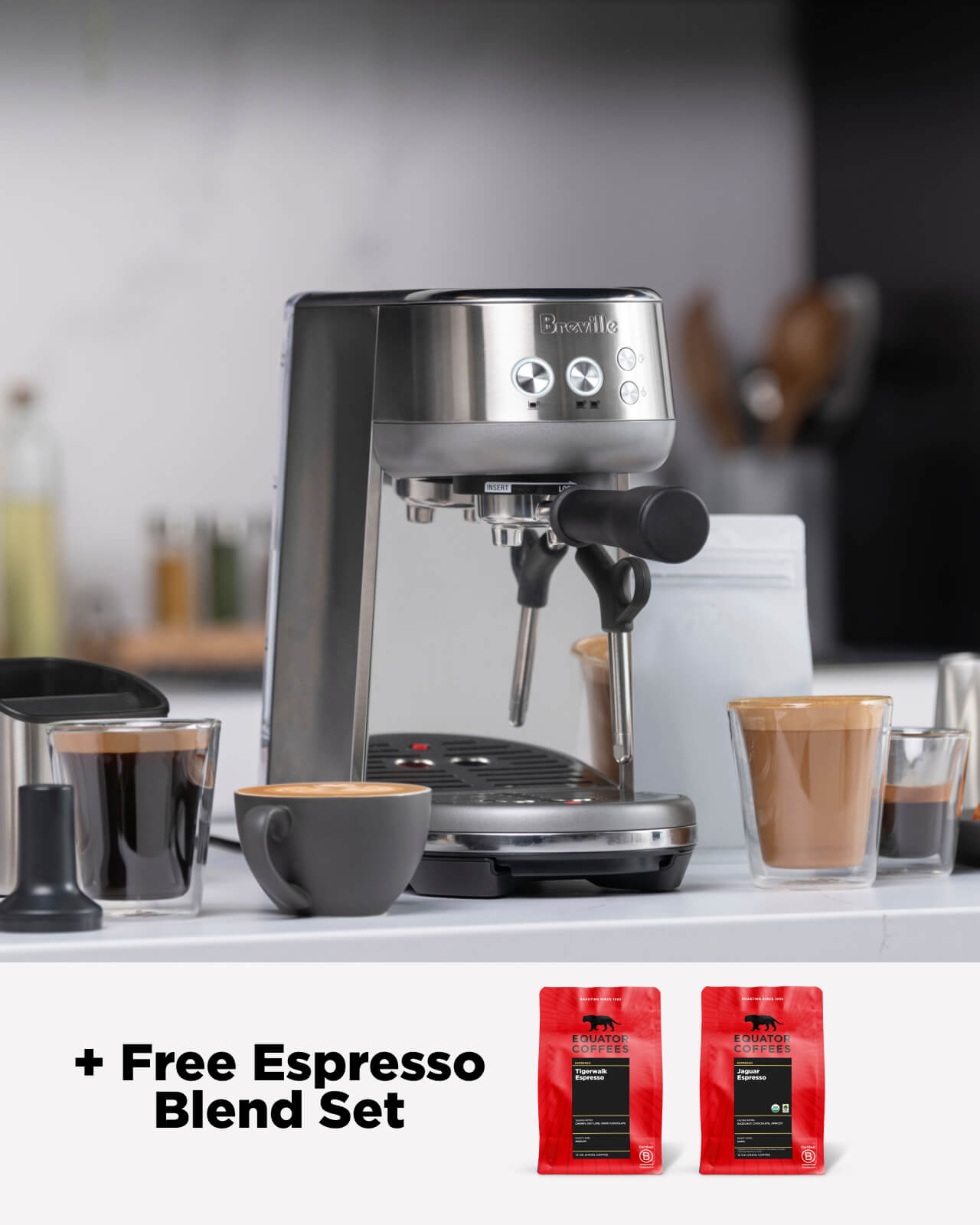 Breville Bambino Express espresso machine on a kitchen counter | Equator Coffees