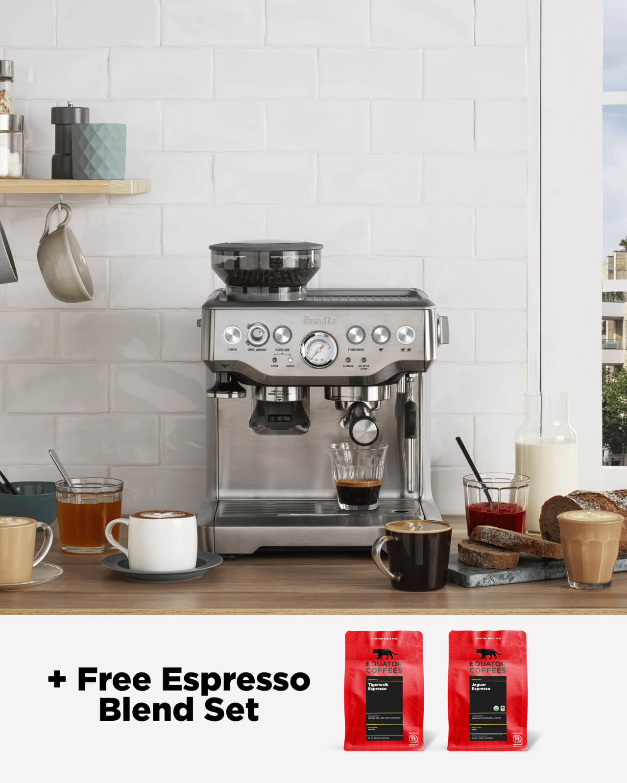 Breville Barista Express Espresso Machine on a kitchen counter | Equator Coffees