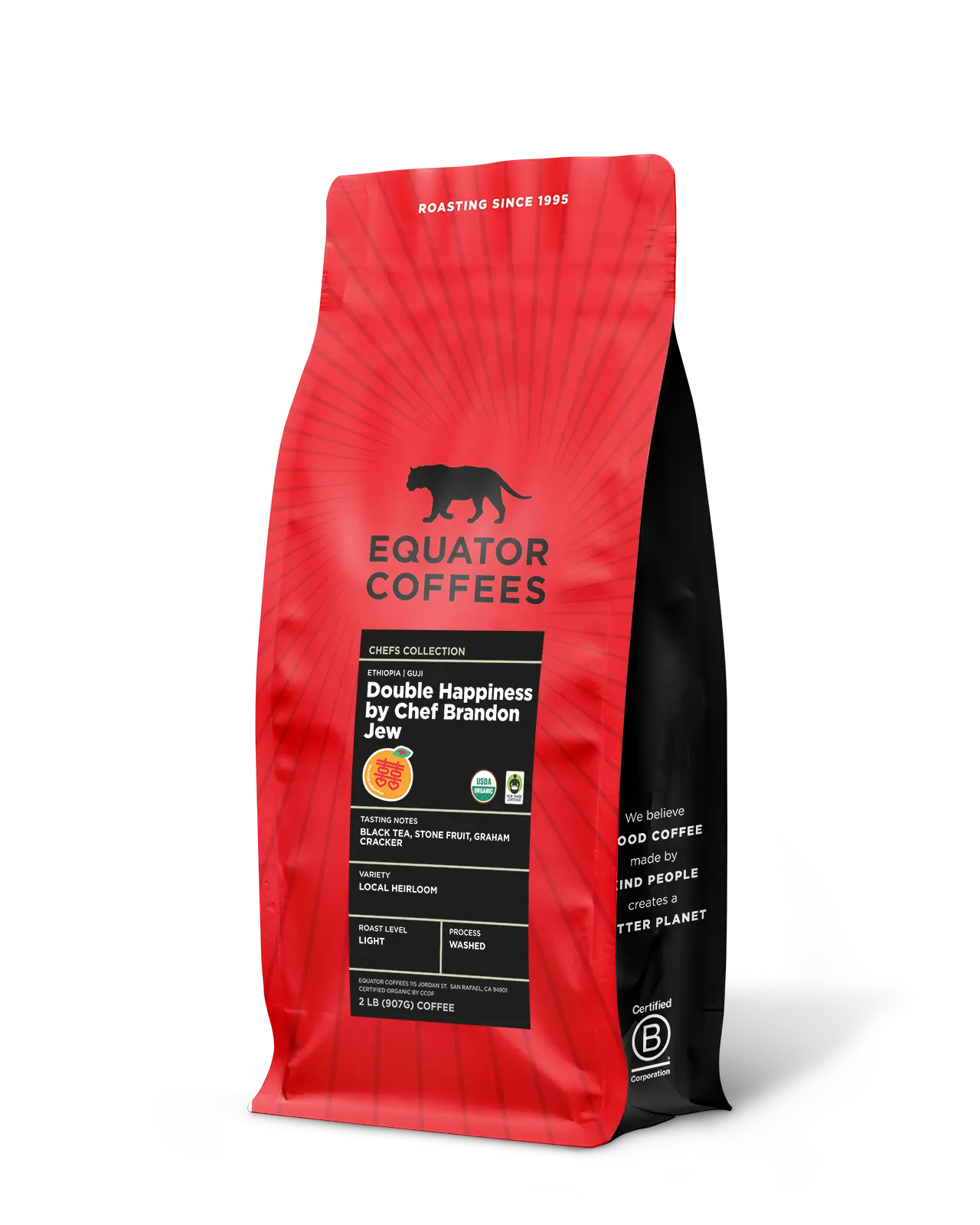 Ethiopia Double Happiness by Chef Brandon Jew | Certified Organic Ethiopian Coffee | 2lb Bag of Whole Bean Coffee | Equator Coffees