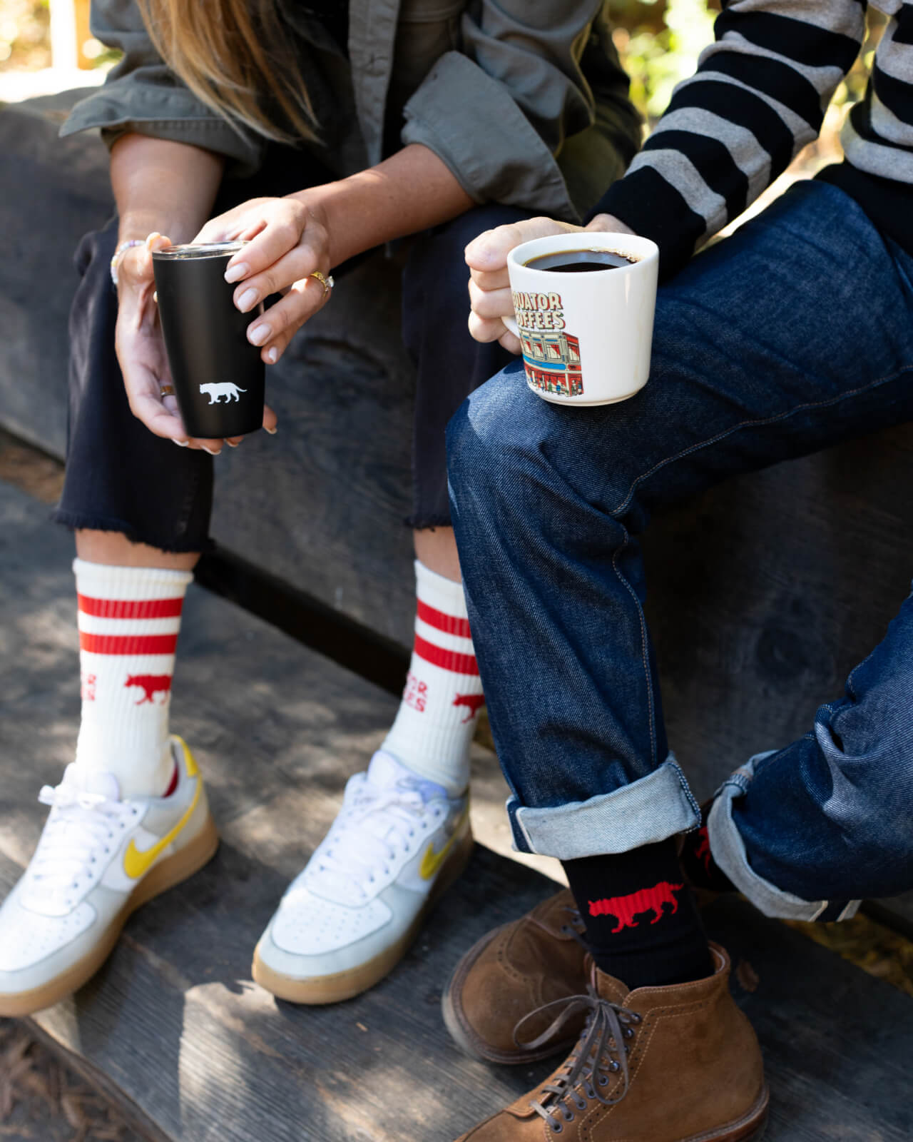 Matching with the Retro White and Black Equator performance socks on a crisp winter morning in Marin | Equator Coffees