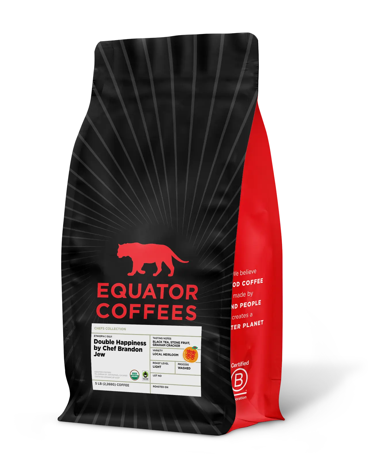 Ethiopia Double Happiness by Chef Brandon Jew | Certified Organic Ethiopian Coffee | 5lb Bag of Whole Bean Coffee | Equator Coffees