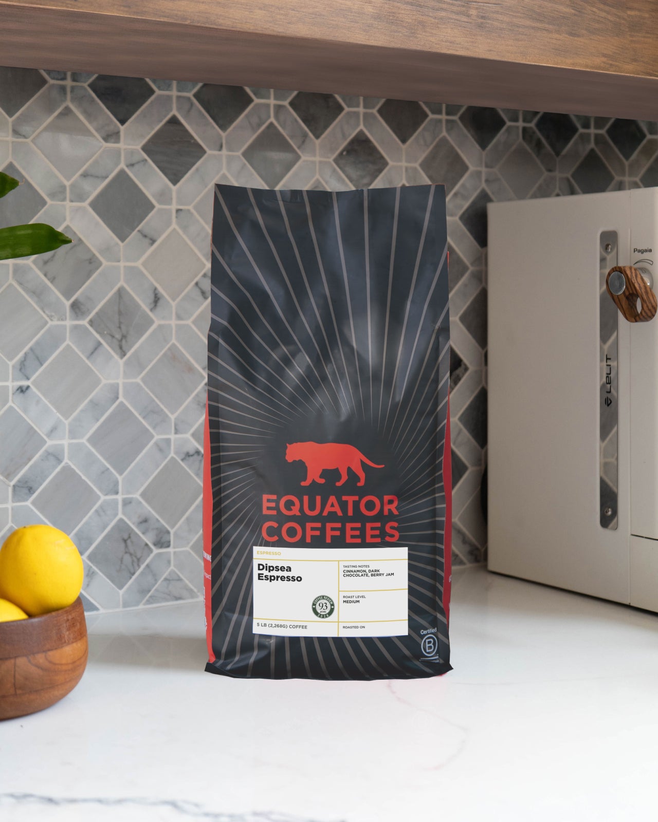 5lb bag of whole bean Dipsea Espresso coffee on a marble counter | Equator Coffees